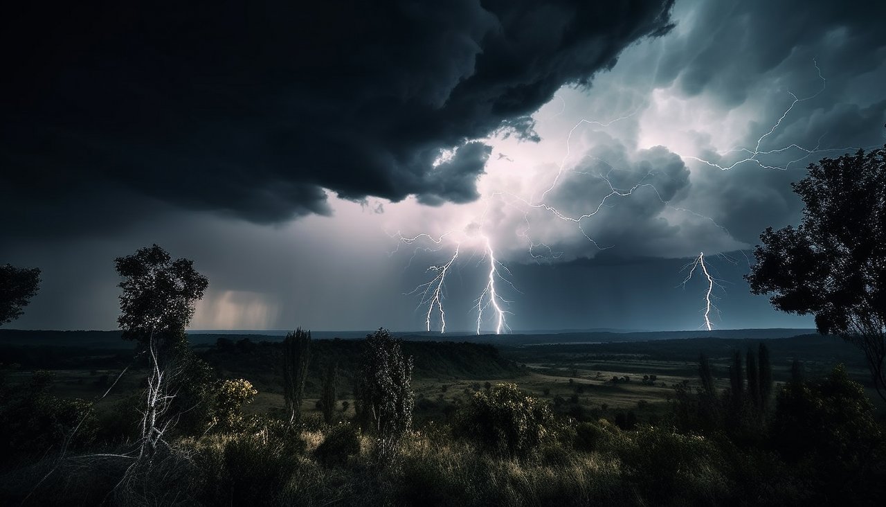 Spooky electricity illuminates dramatic storm cloud landscape generated by AI